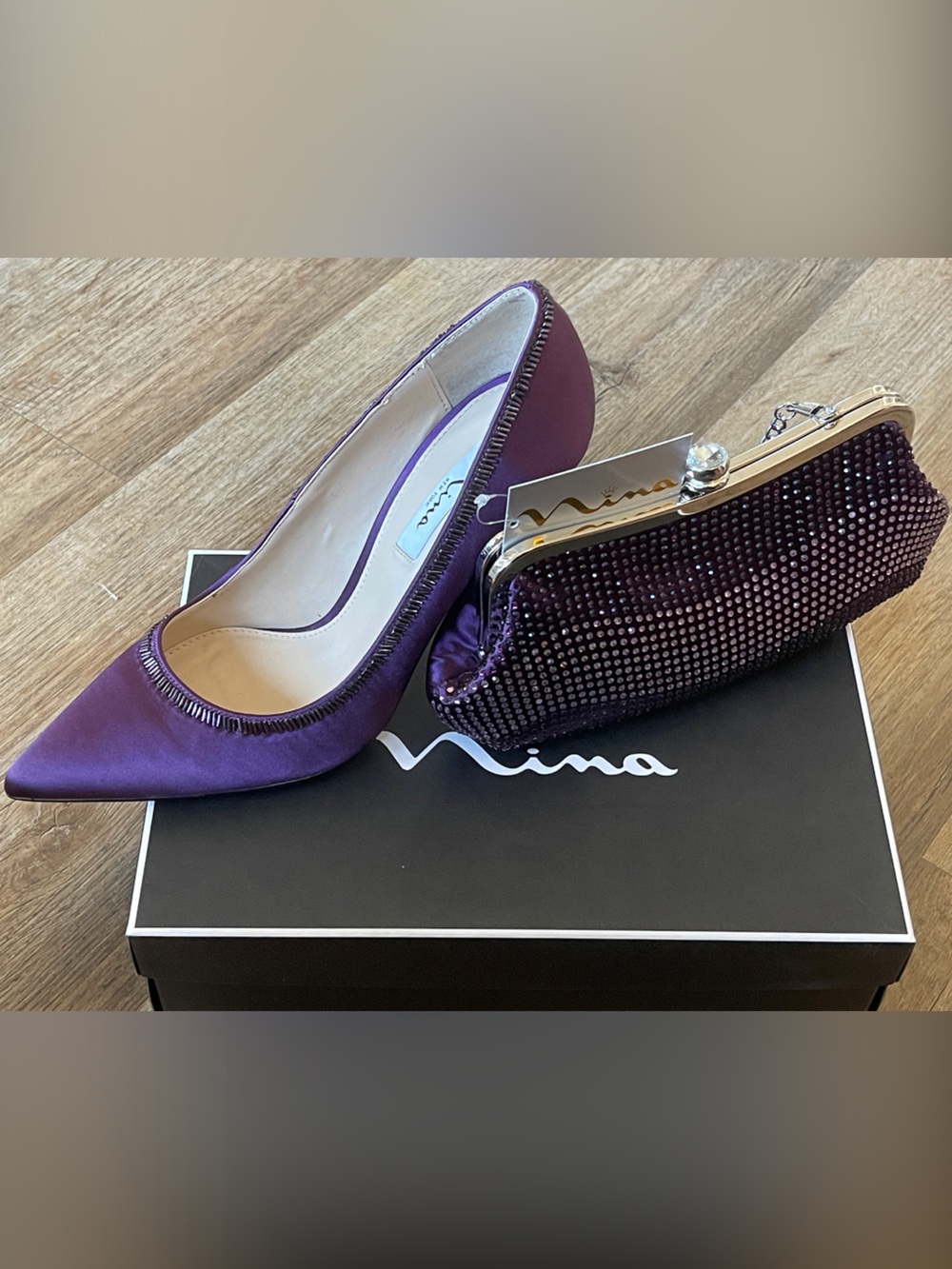 Nina Purple Satin Pointed-Toe Heels with Matching Jeweled Clutch